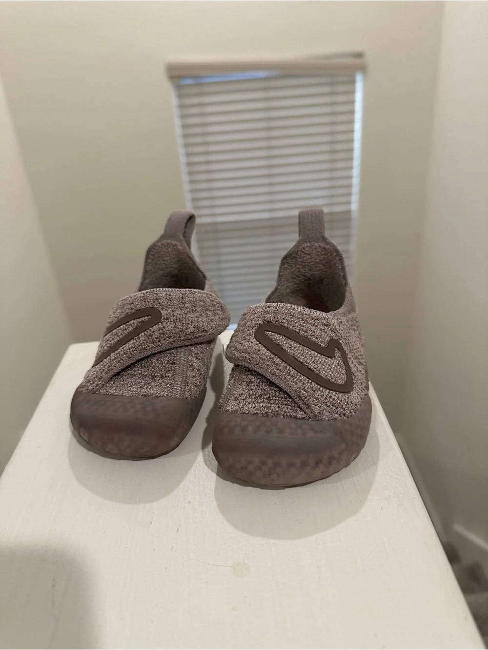 Nike Swoosh Taupe Knit Slip-On Sneakers with Hook-and-Loop